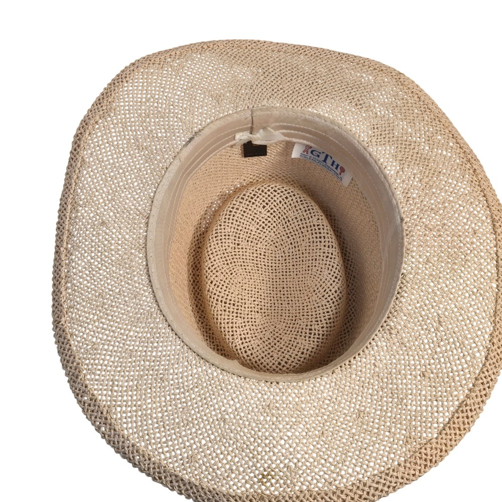 Woven Straw Sun Hat with Pastel Striped Ribbon Band Wide Brim Fedora Style - Picture 16 of 16
